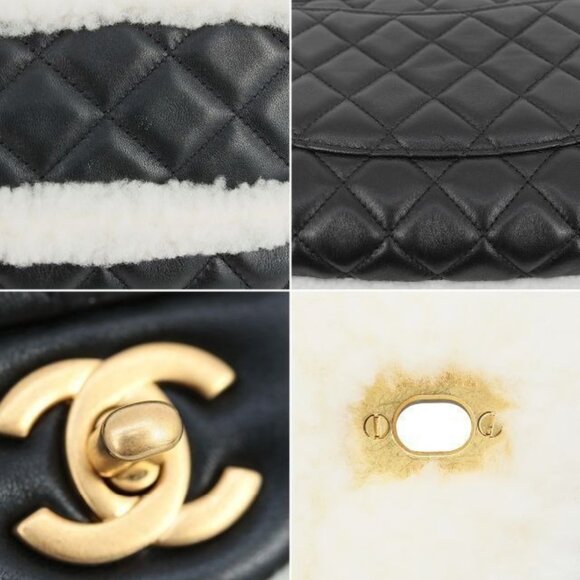 Authentic CHANEL Lambskin Quilted Shearling Large CC Flap Bag Black White Purse - Picture 10 of 13